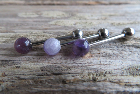 Amethyst Titanium Ti6Al4V ELI Implant Grade 5mm Natural Stone Barbell Tongue Ring 14g (1.6mm) Piercing