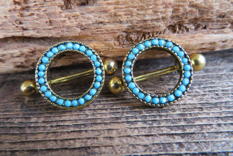 Gold Plated Faux Turquoise 14G Nipple Shields Pair