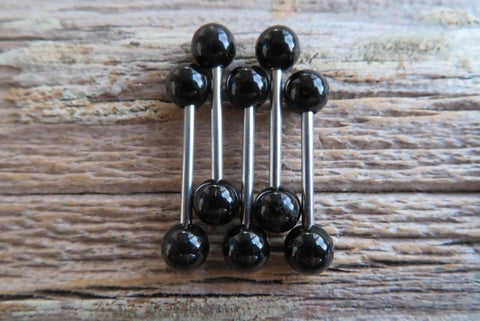 Custom Lengths Black Obsidian Natural Stone Barbell Nipple Ring Tongue Ring 14g (1.6mm) Piercing