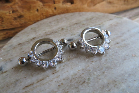 Silver Clear Gems 14G or 16G Nipple Shields Pair
