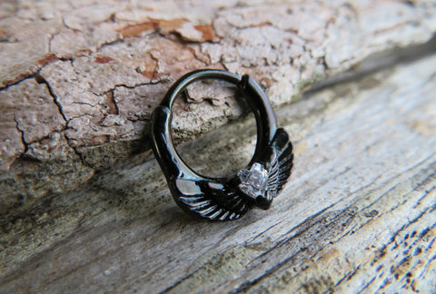 Black Ion Plated Angel Wings Heart Septum or Daith 16G Piercing