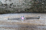 Custom Lengths Silver Small Pink Crystal Flower Opal Surgical Steel 316L Barbell Industrial Small Balls 14G (1.6mm) Piercing