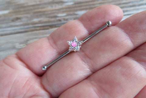 Custom Lengths Silver Small Pink Crystal Flower Opal Surgical Steel 316L Barbell Industrial Small Balls 14G (1.6mm) Piercing