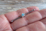 Custom Lengths Silver Small Light Blue Crystal Flower Opal Surgical Steel 316L Barbell Industrial Small Balls 14G (1.6mm) Piercing