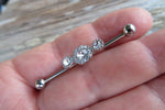 Pink Gems Custom Lengths Crystal Silver Ion Plated Triple Sun Surgical Steel 316L Barbell Industrial Small Balls 14G (1.6mm) Piercing