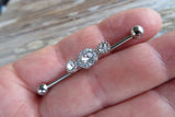 Pink Gems Custom Lengths Crystal Silver Ion Plated Triple Sun Surgical Steel 316L Barbell Industrial Small Balls 14G (1.6mm) Piercing