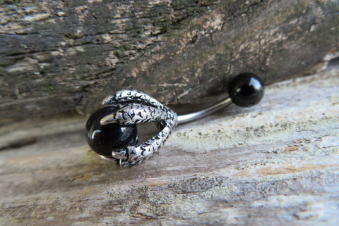 Black Obsidian Silver Dragon Claw Natural Stone Belly Ring 14g (1.6mm) Piercing