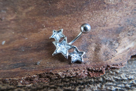 Silver Triple Star Clear Crystal Curve Eyebrow Rook Bar Ring 16g (1.2mm) Piercing
