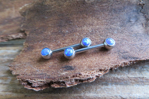 Blue Fire Opal Nipple Piercing Surgical Steel 316L Barbell 14G (1.6mm) 14mm Set Pair