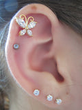Gold Butterfly Clear Crystal Gem Cartilage Tragus Barbell 16G (1.2mm) Piercing