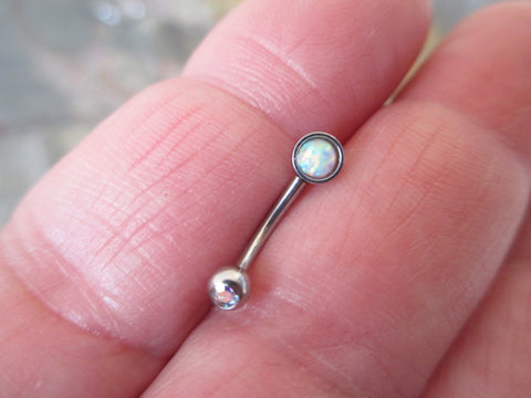 White Fire Opal Vertical Lip Curve Eyebrow Rook Bar Ring 16g (1.2mm) Piercing