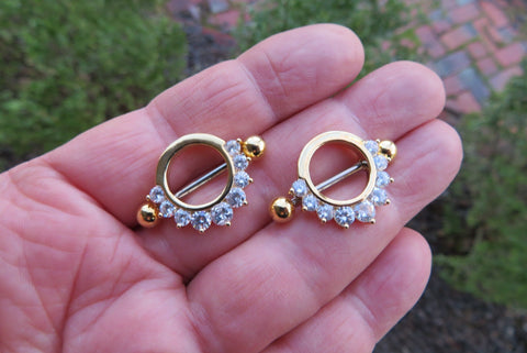 Gold Ion Plated Clear Gems 14G or 16G Nipple Shields Pair