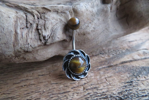 Sunflower Natural Tiger Eye Belly Ring 14g (1.6mm) Piercing