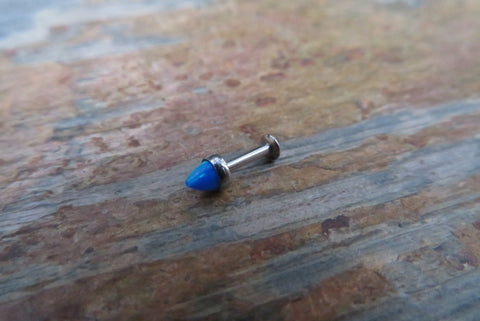 Blue Opal Cone Cartilage Labret Monroe Tragus Flatback Surgical Steel Barbell Piercing 16G (1.2mm) 6mm 8mm 10mm