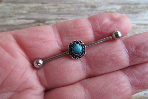Custom Lengths Turquoise Silver Mandala Surgical Steel 316L Barbell Industrial Small Balls 14G (1.6mm) Piercing