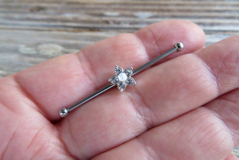 Custom Lengths Silver Small White Crystal Flower Opal Surgical Steel 316L Barbell Industrial Small Balls 14G (1.6mm) Piercing