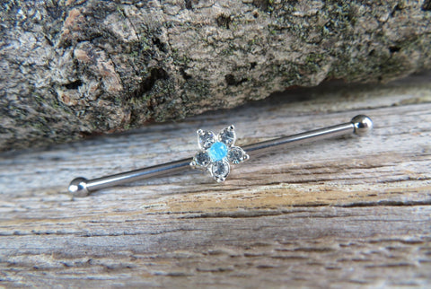 Custom Lengths Silver Small Light Blue Crystal Flower Opal Surgical Steel 316L Barbell Industrial Small Balls 14G (1.6mm) Piercing