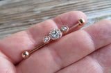 Custom Lengths Crystal Rose Gold Ion Plated Triple Sun Surgical Steel 316L Barbell Industrial Small Balls 14G (1.6mm) Piercing