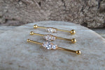 Triple Crystal Gold Ion Plated Surgical Steel 316L Barbell Industrial Small Balls 14G (1.6mm) Piercing