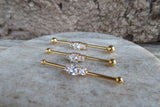 Triple Crystal Gold Ion Plated Surgical Steel 316L Barbell Industrial Small Balls 14G (1.6mm) Piercing