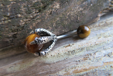 Tiger Eye Silver Dragon Claw Natural Stone Belly Ring 14g (1.6mm) Piercing