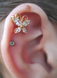 Gold Butterfly Clear Crystal Gem Cartilage Tragus Barbell 16G (1.2mm) Piercing