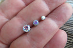 Set of Three Aurora Borealis Crystal 100% Surgical Steel 20g (.81mm) Stud Post Earlobe Cartilage Earring Piercing 3mm 4mm 5mm