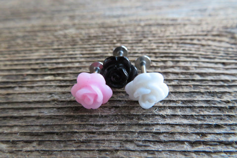 Pair Black Rose Surgical Steel Cartilage Monroe Lip Tragus Flatback 16G (1.2mm) Piercing Set of Two