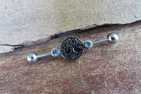 Silver Tree of Life Made with Clear Swarovski Crystals Surgical Steel 316L Barbell Industrial 14G (1.6mm) Piercing 32mm 35mm 38mm