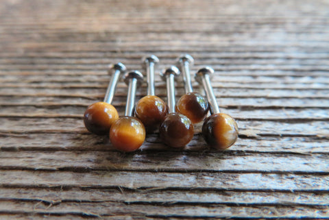 Tiger Eye Natural Stone Cartilage Labret Monroe Tragus Flatback Surgical Steel Barbell Piercing 16G (1.2mm) 6mm 8mm 10mm