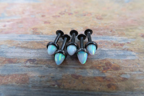 Black Titanium Ion Plated White Opal Cone Cartilage Labret Monroe Tragus Flatback Surgical Steel Barbell Piercing 16G (1.2mm) 6mm 8mm 10mm