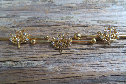 Gold IP Tree of Life Industrial Surgical Steel Barbell Piercing 14G (1.6mm) 32mm 35mm 38mm