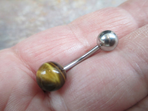 Custom Lengths 8mm Tiger Eye Natural Stone Belly Ring 14g (1.6mm) Piercing Gold Rose Gold