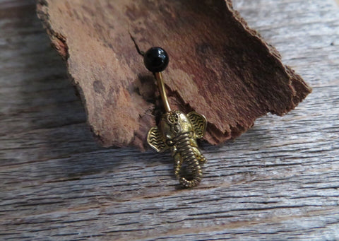 Black Obsidian Natural Stone Elephant Ganesh Belly Ring Piercing 14g (1.6mm) Piercing