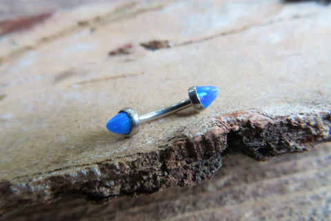 Blue Fire Opal Cone Internally Threaded Surgical Steel Barbell Curve Eyebrow Ring 16G (1.2mm) Piercing