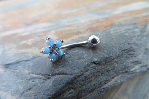Blue Flower Glitter Crystal Vertical Lip Curve Eyebrow Rook Bar Ring 16g (1.2mm) Piercing
