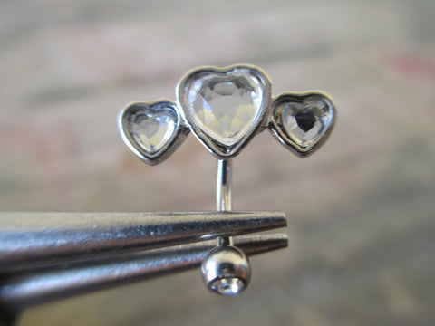Silver Triple Heart Clear Crystal Curve Eyebrow Rook Bar Ring 16g (1.2mm) Piercing