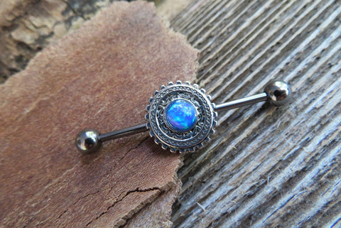 Custom Lengths Blue Opal Mandala Surgical Steel 316L Barbell Industrial 14G (1.6mm) Piercing