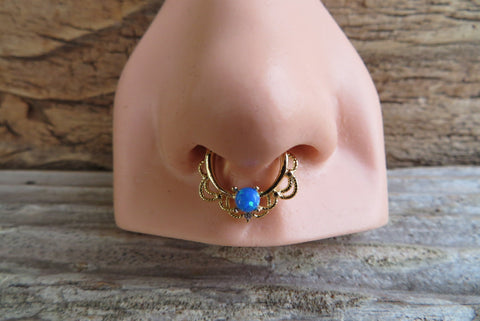 Gold Ion Plated Lacey Blue Fire Opal Septum or Daith 16G Piercing
