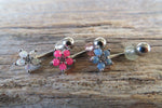Blue Flower Glitter Crystal Vertical Lip Curve Eyebrow Rook Bar Ring 16g (1.2mm) Piercing