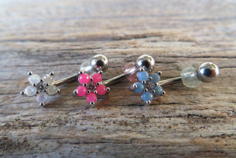 Pink Flower Glitter Crystal Vertical Lip Curve Eyebrow Rook Bar Ring 16g (1.2mm) Piercing
