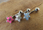 Pink Flower Glitter Crystal Vertical Lip Curve Eyebrow Rook Bar Ring 16g (1.2mm) Piercing