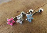 Pink Flower Glitter Crystal Vertical Lip Curve Eyebrow Rook Bar Ring 16g (1.2mm) Piercing