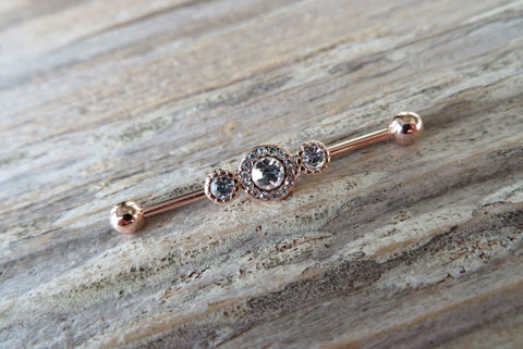 Custom Lengths Crystal Rose Gold Ion Plated Triple Sun Surgical Steel 316L Barbell Industrial Small Balls 14G (1.6mm) Piercing