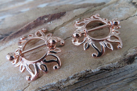 Rose Gold Ion Plated Sun Burst 14G Nipple Shields Pair