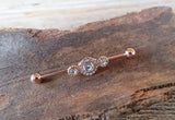 Custom Lengths Crystal Rose Gold Ion Plated Triple Sun Surgical Steel 316L Barbell Industrial Small Balls 14G (1.6mm) Piercing