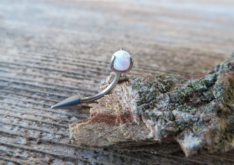 White Fire Opal Spike Vertical Lip Internally Threaded Surgical Steel Barbell Curve Eyebrow Ring 16G (1.2mm) Piercing
