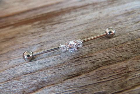 Triple Crystal Surgical Steel 316L Barbell Industrial Small Balls 14G (1.6mm) Piercing