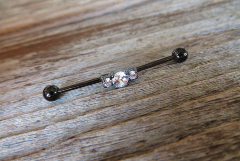 Triple Crystal Black Ion Plated Surgical Steel 316L Barbell Industrial Small Balls 14G (1.6mm) Piercing