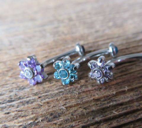 Floating Blue Minimalist Petite Floating Custom Lengths Crystal Flower Gems Belly Ring 14g VCH Internally Threaded Piercing